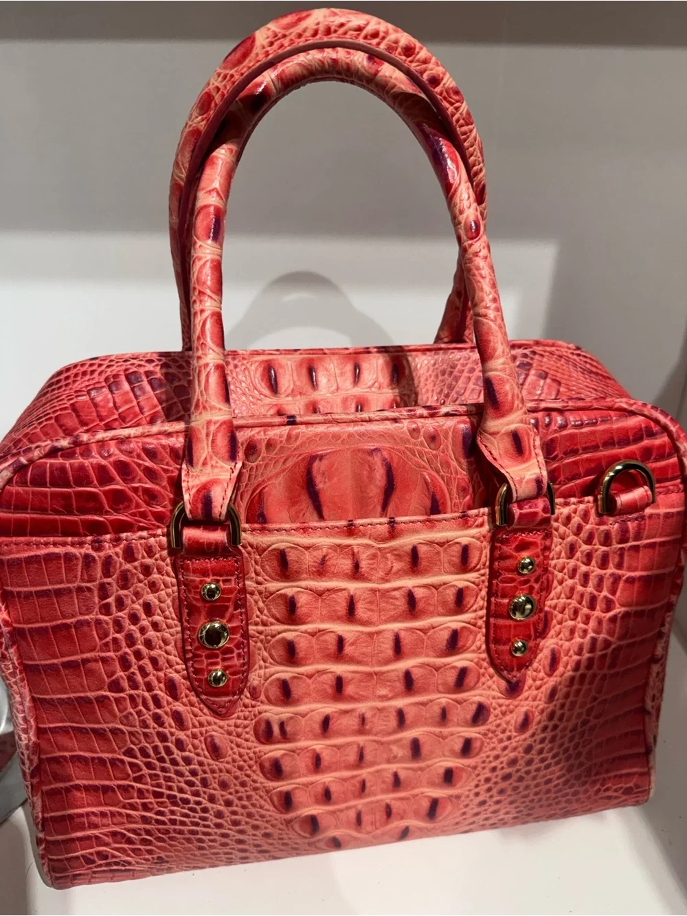 Brahmin Marissa Red Croc-Embossed Satchel with Gold Accents